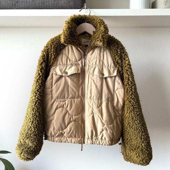 Universal Thread Quilted Moto Jacket Teddy Sherpa Sleeves, Size M, Beige/Green - Picture 1 of 9